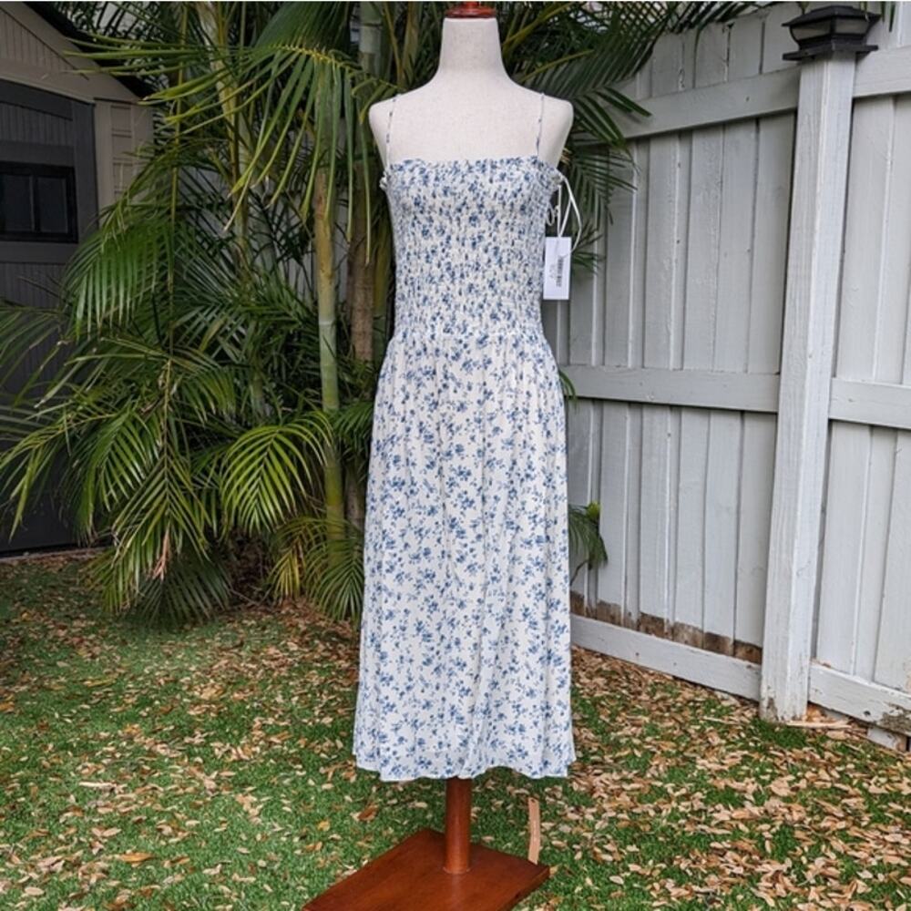 Reformation Cream Floral Midi Dress with Blue Print